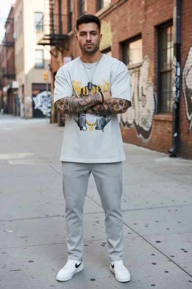 Tricou barbati gri, cu imprimeu, oversize Y171 22A-2.2